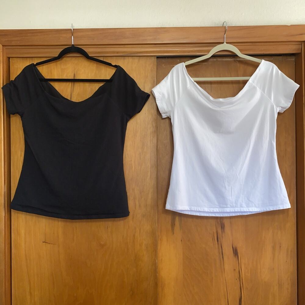 Lot Of 2 Boston Proper Tops White Black Mesh Lined Off Shoulder Stretch Pullover